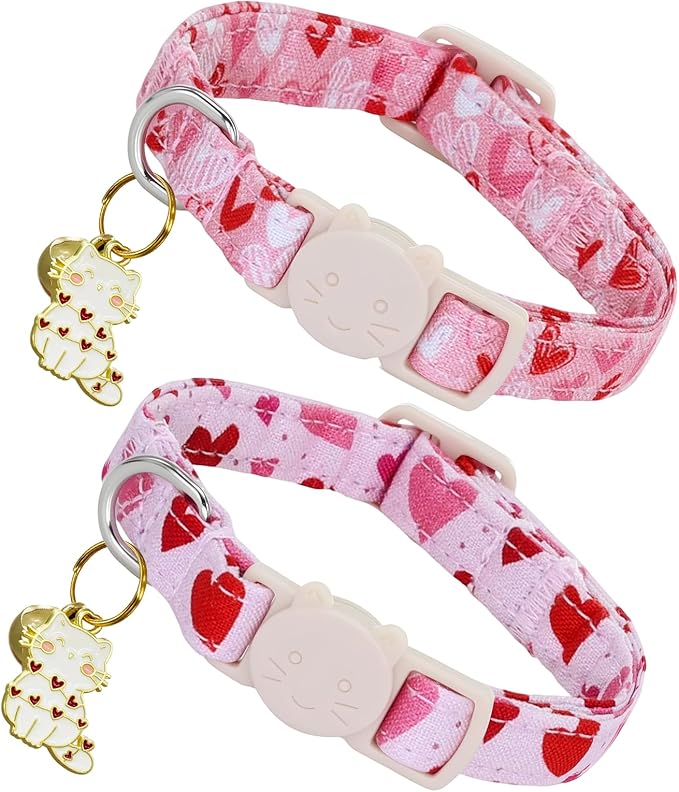 Valentine Cat Collar-2 Pack Collars Red Heart and Line Heart Print Breakaway with Kitten and Bell Pendant Safety Buckle Adjustable Pet Collar for Cats Gift for Cats and Small Pets