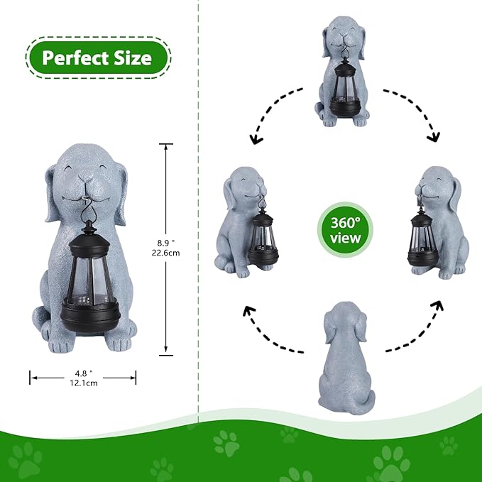 Solar Dog Garden Statue with Lantern, Outdoor Waterproof Dog Figurine Decor for Patio Yard Lawn, Dog Lover Gifts for Women Mom Grandma, Housewarming Gift
