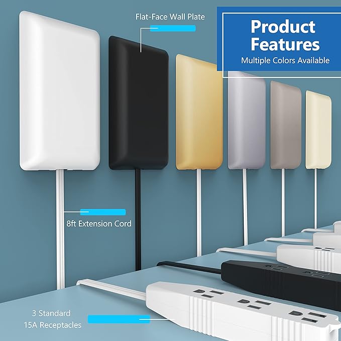 LIDER Flat-Face Outlet Extender with 3 Receptacles, Ultra-Thin Wall Plate Plug with Cord Extender and 3-Outlet Power Strip, 8ft Cord, LWE8-315-BK, ETL-Listed, Black