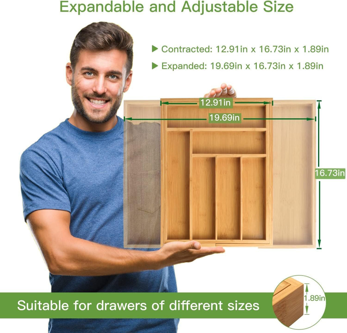 Pipishell Expandable Bamboo Silverware Organizer, Large Kitchen Drawer Tray
