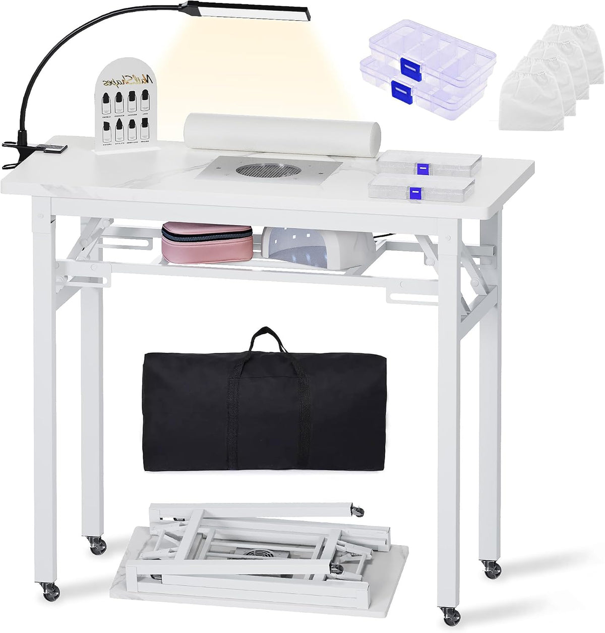Portable & Foldable Manicure Table w/Dust Collector, Rolling Nail Tech Desk w/LED Light Lamp, Wrist Cushion, Lockable Wheels, Carrying Case, for Home Travel Beauty Salon Workstation (Marble White)