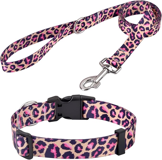 Dog Collar and Leash Set with Bohemia Floral Tribal Geometric Patterns - Soft Ethnic Style Collar Adjustable for Small Medium Large Dogs(Pink Leopard Set,XS)