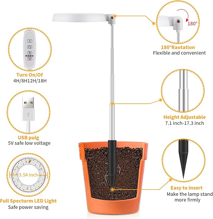 GooingTop LED Grow Light, Halo Plant Growing Lamp for Indoor Plants Growth, White Full Spectrum Low Light for Small Plants,Upgrade Timer 4/8/12/18 Hrs & Variable Spectrum,2 Pack