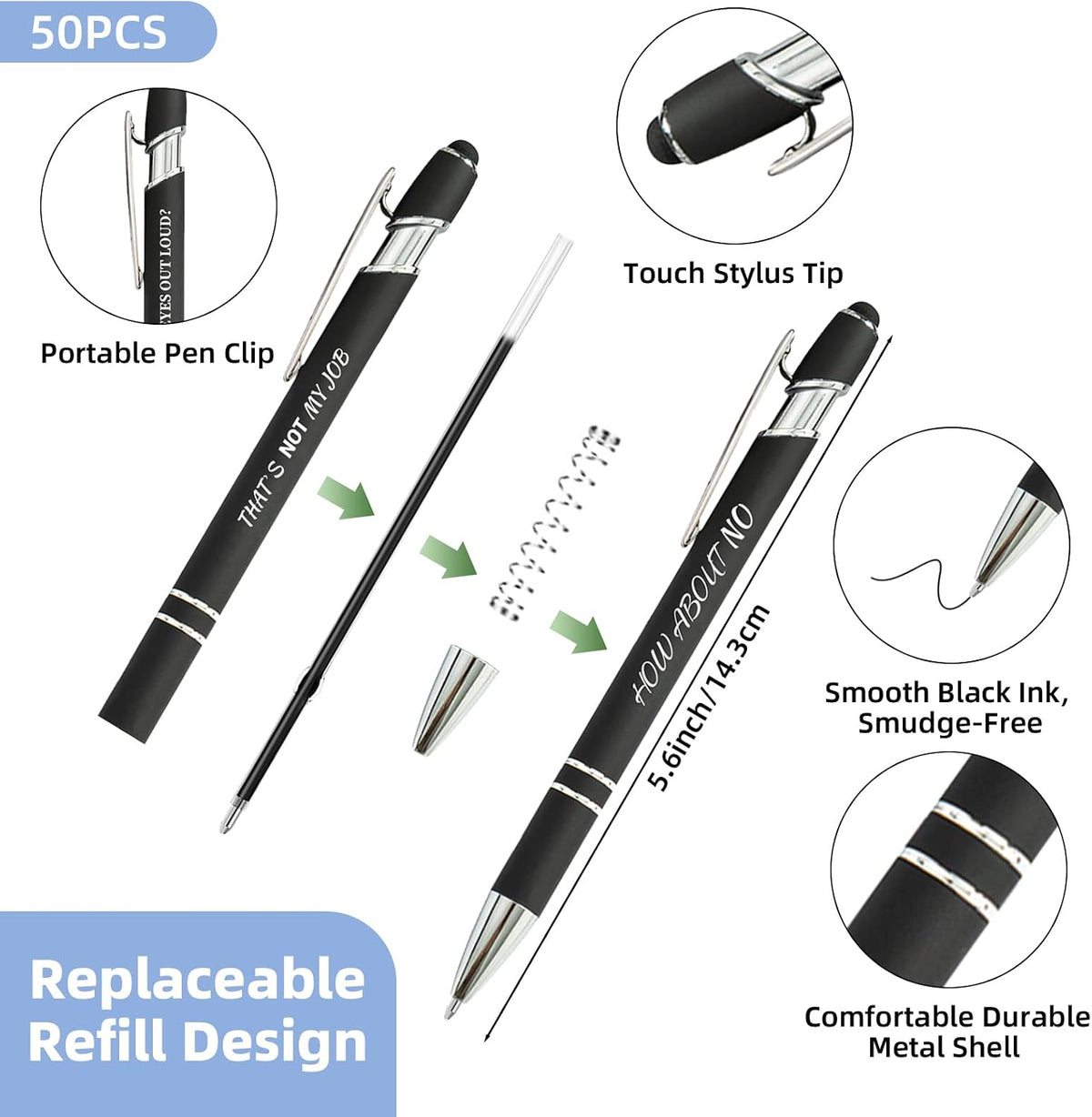 150 Pcs Funny Sarcastic Pens - 50 Set Ballpoint Pens with Refills & Bags,Fun Pen with Snarky Sayings, Stylus Tip - Demotivational Pen for Adults, Coworker, Office - Funny Gag Gift, Novelty Gift(Black)