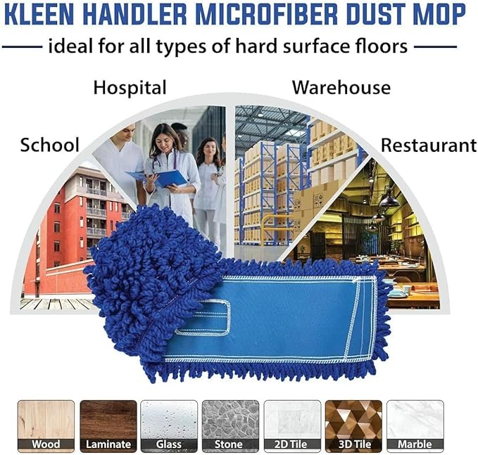 KLEEN HANDLER 6 Pack of 18 Inch Microfiber Dust Mop, Large Washable Commercial Mop Head Replacement, Sweeper, Janitorial Dust Mops, Blue