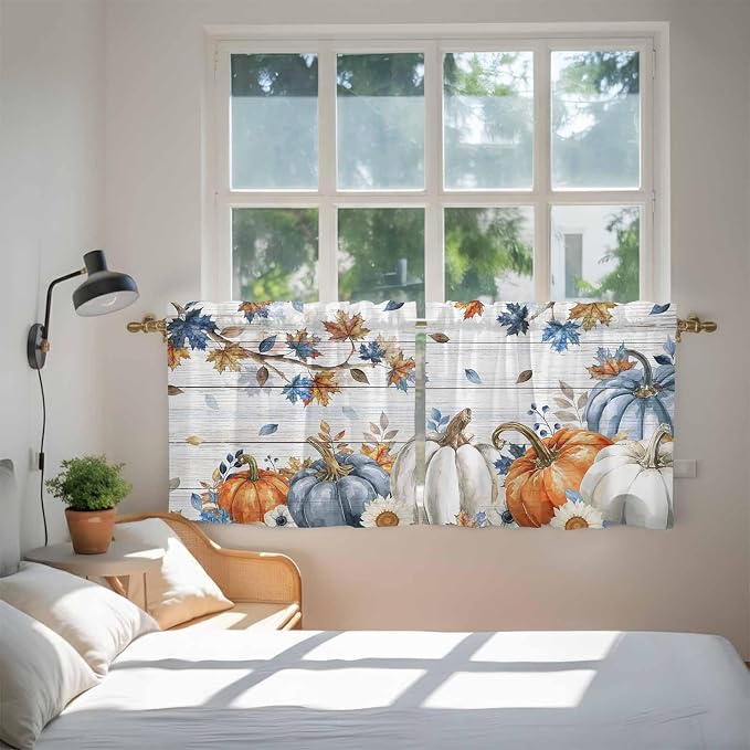 Thanksgiving Pumpkin Kitchen Tier Curtains 24 Inch Long 2 Panel Set, Rod Pocket