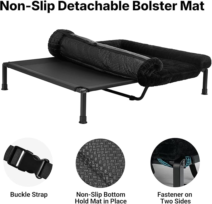 Veehoo Elevated Dog Beds Large Sized Dog with Fluffy Plush Bolster Cushion, Washable Orthopedic Dogs Couch Bed, Raised Pet Cot with Removable Mat, Breathable Mesh, No-Slip Feet, 53 x 37 inches, Black