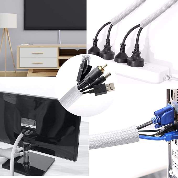 CrocSee 10ft - 3/4 inch Braided Cable Management Sleeve Cord Protector - Self-Wrapping Split Wire Loom for TV/Computer/Home Theater/Engine Bay - White