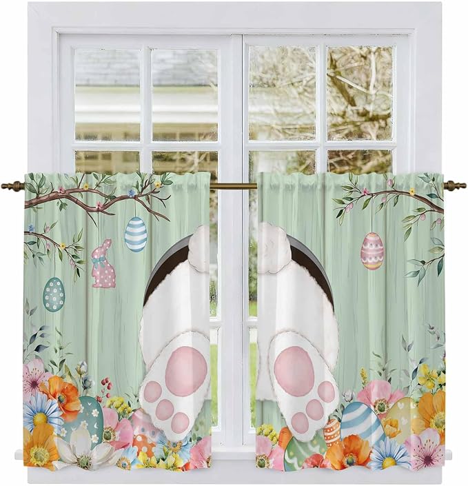 Easter Kitchen Tier Curtains 45 Inch Long 2 Panel Set, Rod Pocket Short Window