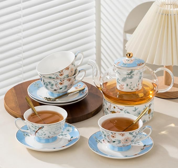 Jusalpha Porcelain Tea Set, 4 Cups and Saucers