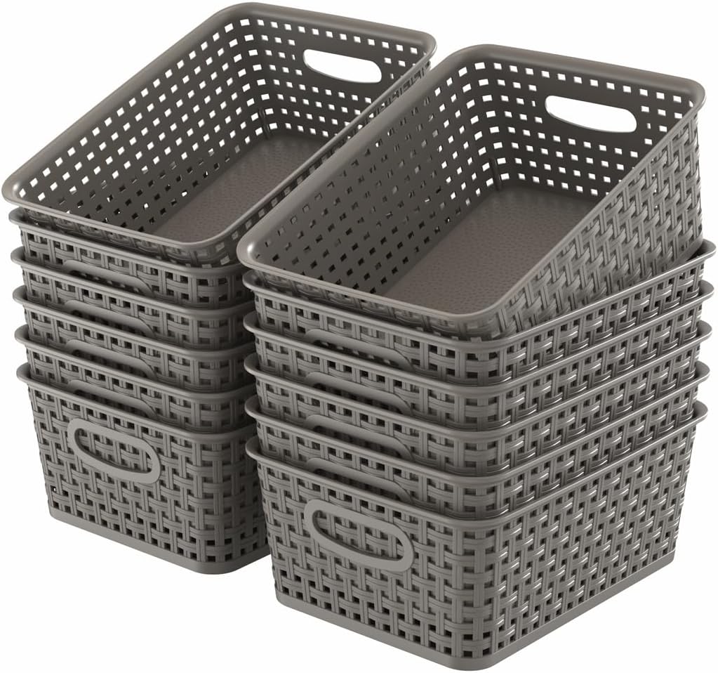 WYT 12-Pack Plastic Small Shelf Storage Weave Baskets for Organizing, Grey