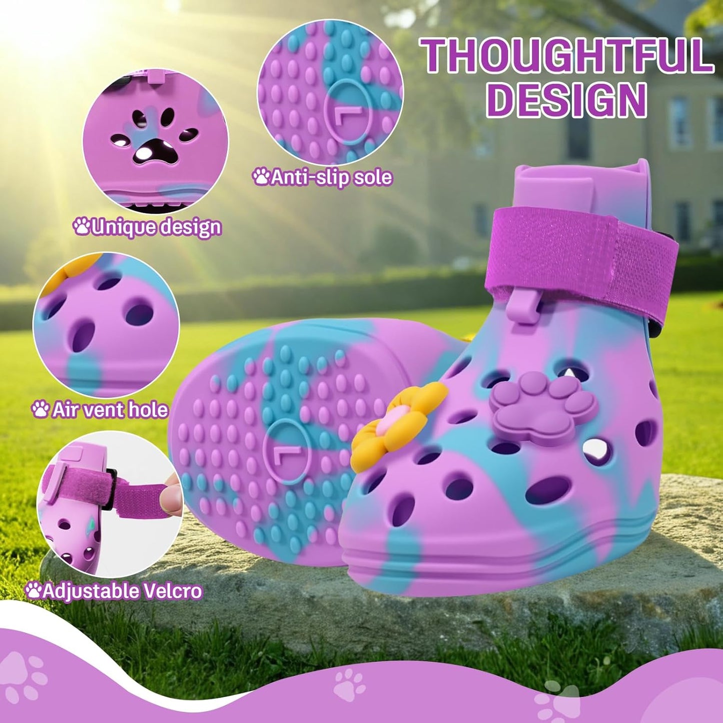 Dog Shoes for Hot Pavement, Adjustable Magic Tape Boots for Small, Medium & Large Dogs, Anti-Slip, Easy to Clean Paw Protectors for Beach, Outdoor & Hot Weather (Purple L)