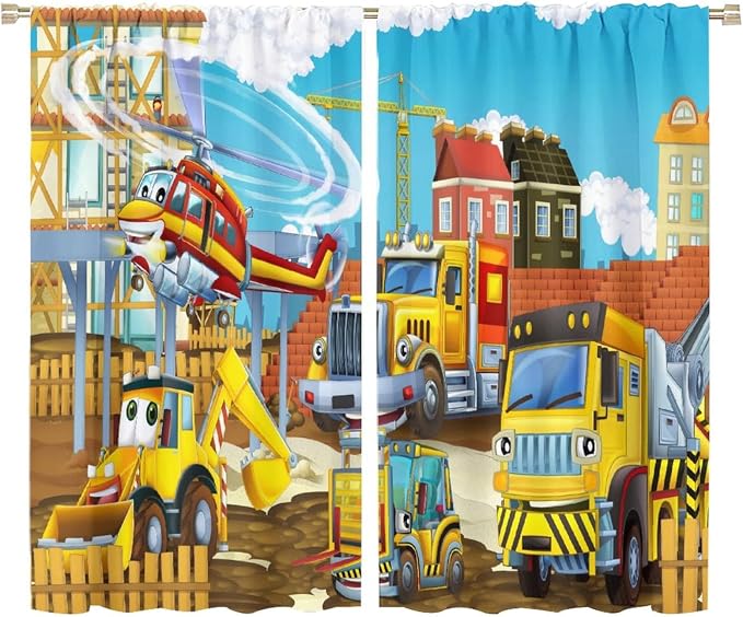 Kids Cartoon Construction Window Curtains, Funny Construction Site Cars and