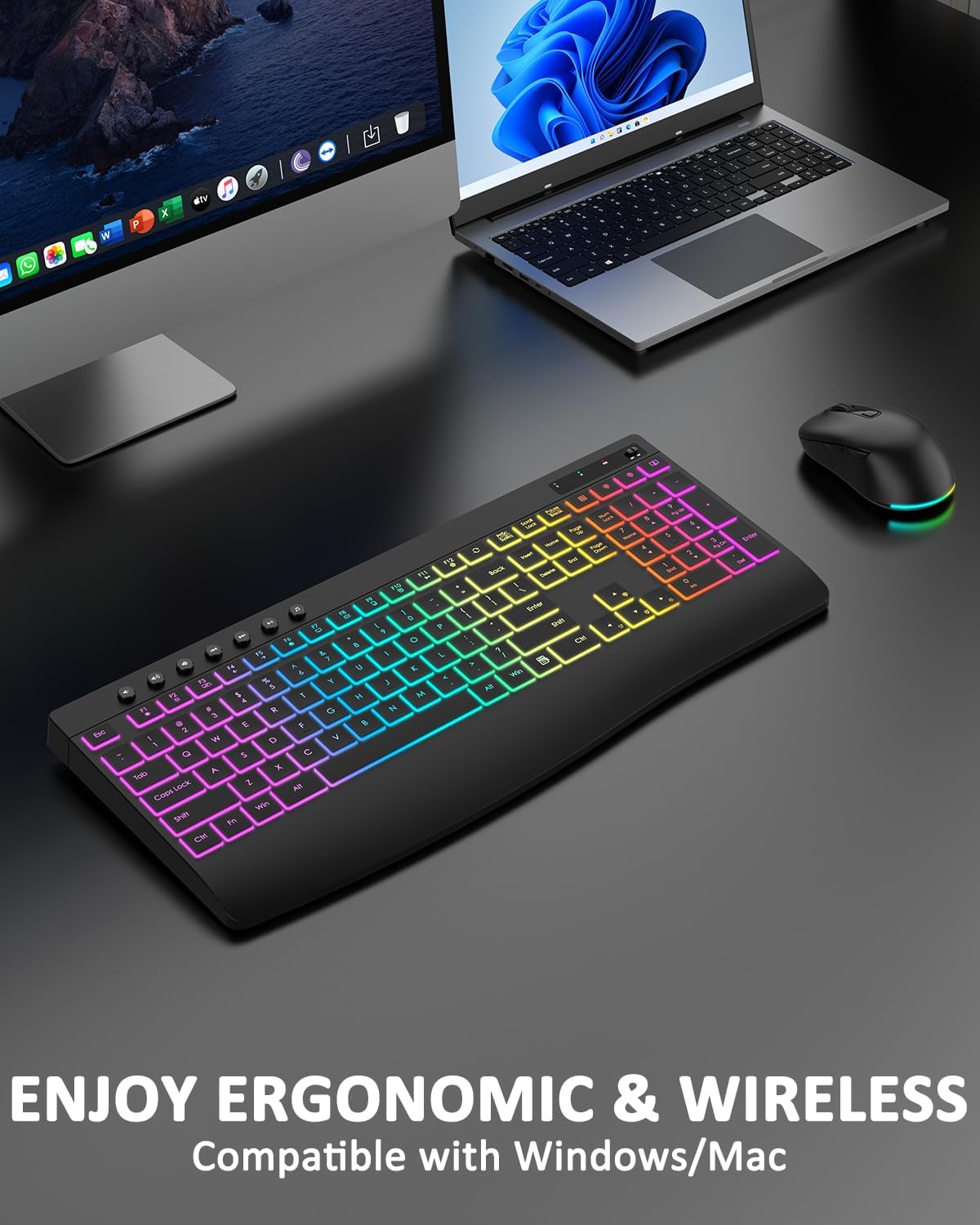 Wireless Keyboard and Mouse Combo, 9 Backlit Effects, 4000mAh Rechargeable Backlit Keyboard with Wrist Rest, 6 Button Mouse, 2.4G Full Size Quiet Keyboard Set for Computer, PC, Laptop, Mac, Windows