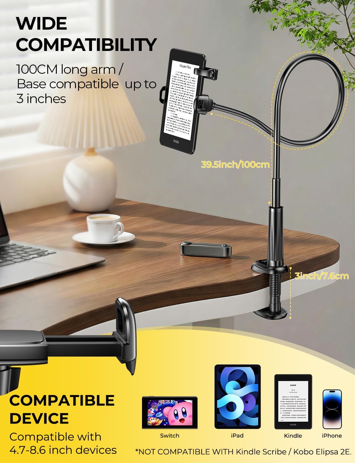 Gooseneck Kindle & Phone Holder with Page Turner Remote for Bed: Flexible Long Arm Clamp Mount for Hands-Free Reading, Bedside Desk Headboard Stand for 4.7–8.6" Devices