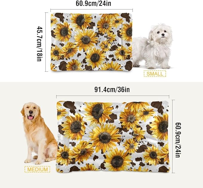 Retro Sunflower Dog Bed Mat - Brown Leopard Pet Kennel Washable Cat Crate Pad, Sleeping Mattress for Large Medium Small Dogs, 36x24 Inch