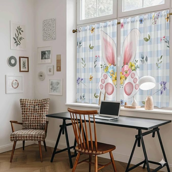 Easter Kitchen Tier Curtains 45 Inch Long 2 Panel Set, Rod Pocket Short Window