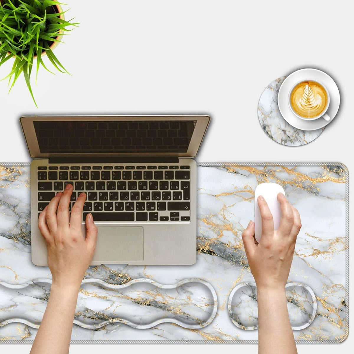 Mouse Pad Set,(31.5×11.8 in) Desk Pad + Keyboard Wrist Rest Support + Mouse Wrist Rest + Coaster for Office,Home,Computer,Laptop - 4 Gray Gold Marble