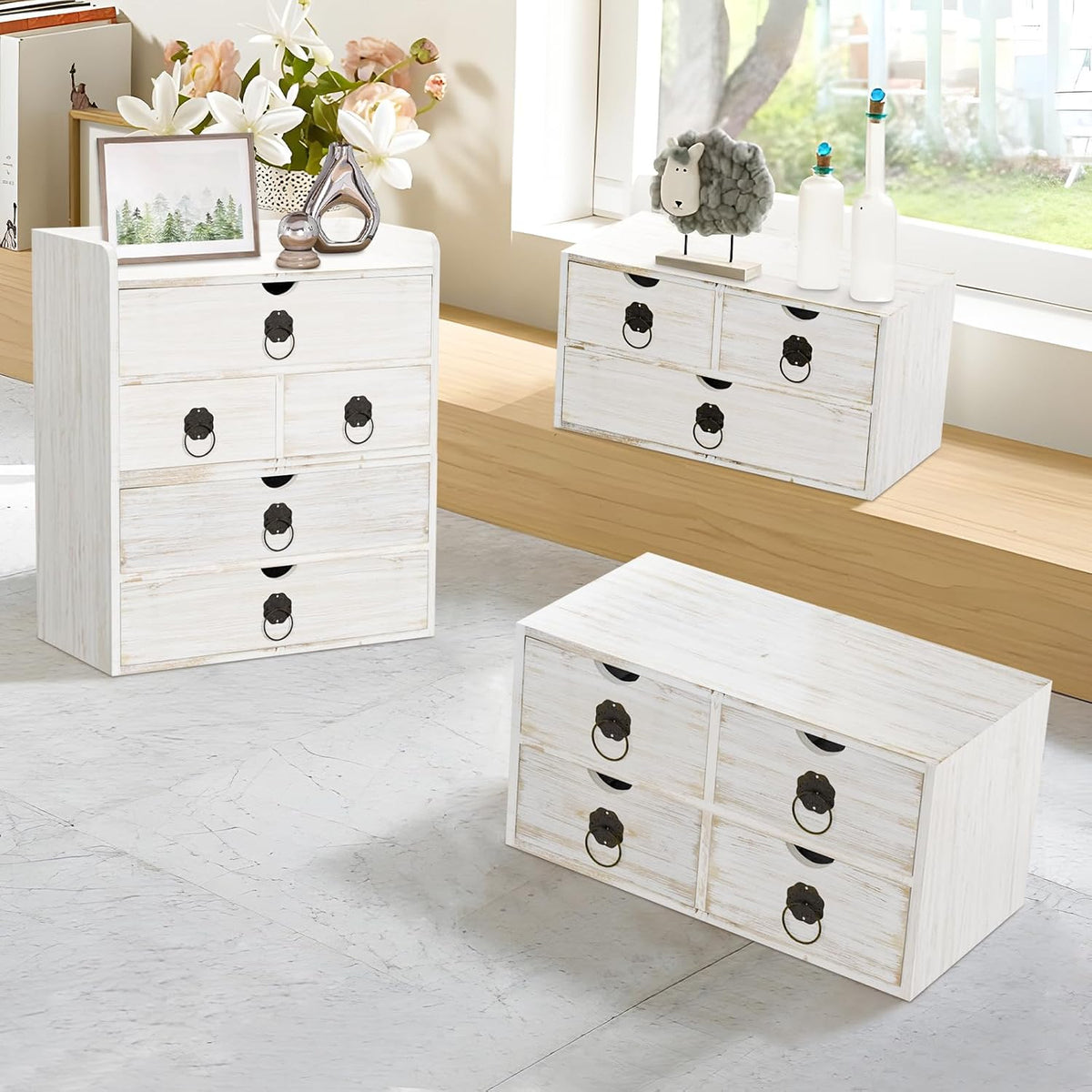 Wood Desk Organizer with Drawer, White Wooden Desktop Organizer, Tabletop Storage Organization Box for Countertop, Home Office Supplies (3 Drawer)