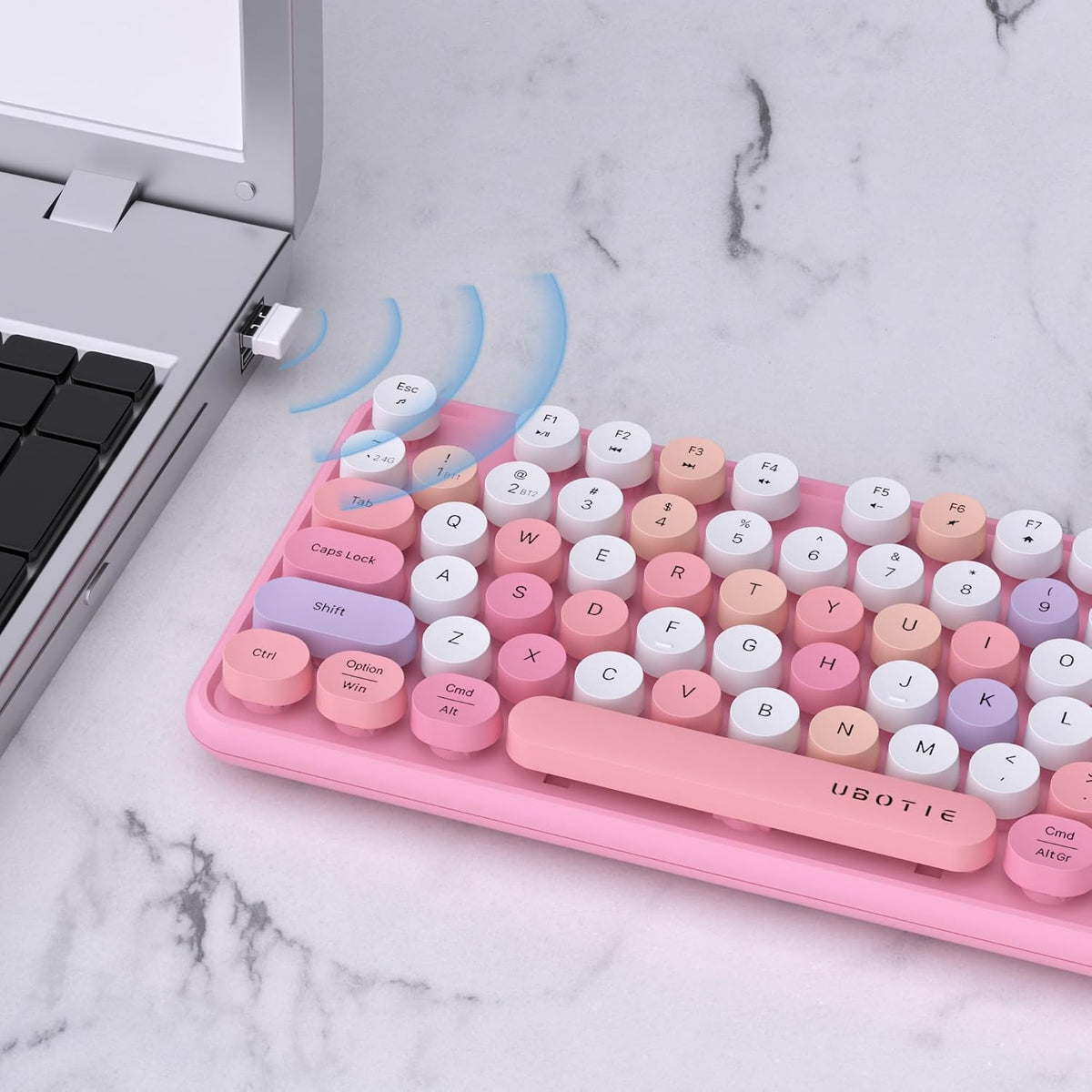 UBOTIE Colorful Wireless Bluetooth Keyboard, Dual Mode (Pink Colorful)
