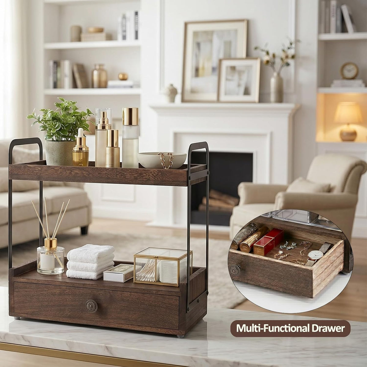 2-Tier Bathroom Counter Organizer with Drawer, Wooden Vanity Countertop Organizer for Makeup Perfume Cosmetics Skincare, Counter Shelf for Bathroom Kitchen Restroom