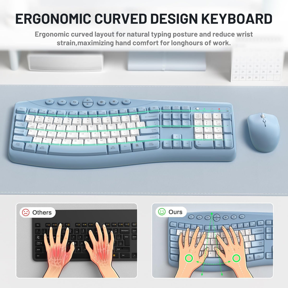 Wireless Keyboard and Mouse Combo Silent for Office,Ergonomic Curved Design