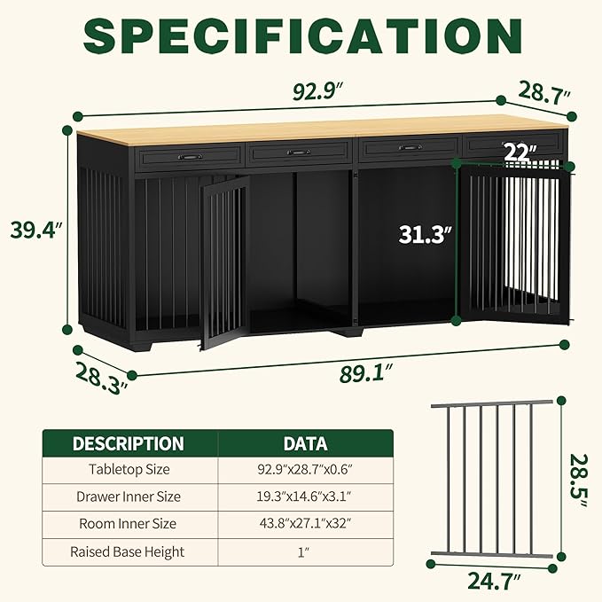 Extra Large Dog Crate Furniture, 93 Inch Heavy Duty Wooden Dog Kennel with Drawers & Removable Divider, Indoor Furniture Style Luxury Double Rooms Dog House for XL Large Dogs, Black