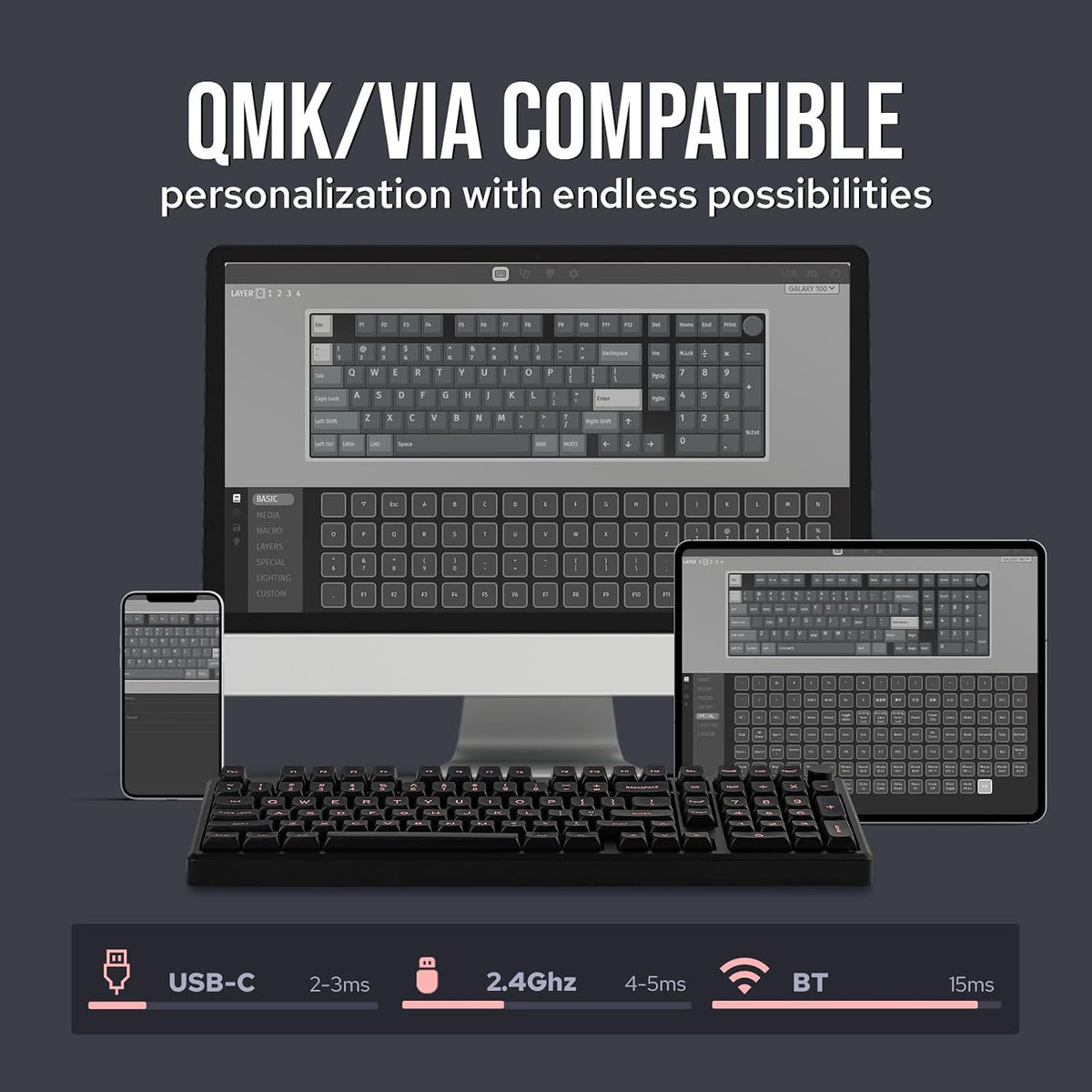 EPOMAKER Galaxy100 QMK/VIA Wireless Gaming Keyboard, Aluminum Shell, BT/2.4Ghz/USB-C, Pre-Lubed Hot-Swappable Linear Switches, NKRO, RGB Backlit (Black, Marble White Switch)