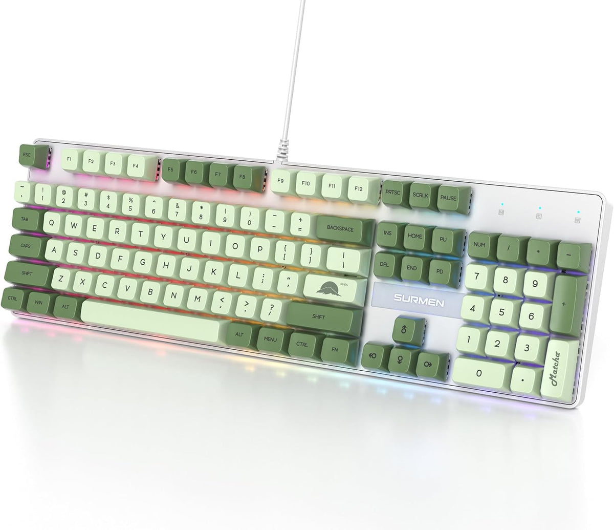 Fogruaden Mechanical Keyboard, Green Matcha, Wired USB 104 Key RGB Backlit Gaming Keyboard with Number Pad, Red Switches, NKRO for Windows Laptop PC Gamer
