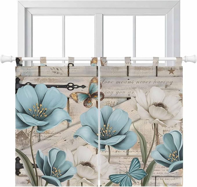 Teal Blue Tulips Bedroom Curtains 63 Inch Length, Window Curtains Tab Top