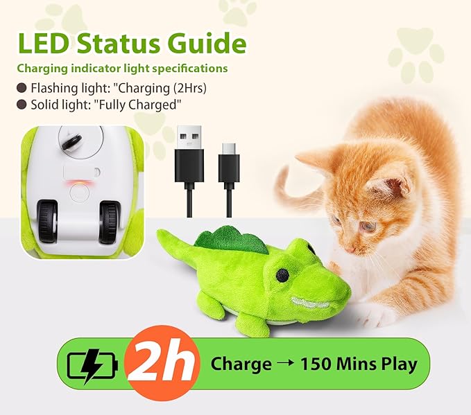 Interactive Cat Toys for Indoor Cats - Self-Charging Croc Chase Toy with 360° Motion, Wagging Tail & Catnip, Automatic Exercise Toy for Bored Kittens/Adults(Smooth Fur)