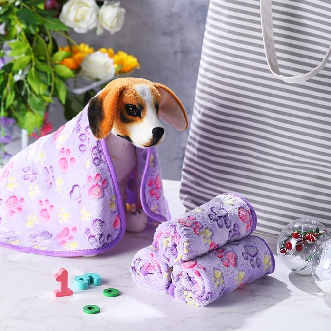 Tatuo 4 Pcs Dog Blanket for Pet Cat Blankets Indoor Puppy Teething Stuff Toys Paw Print Fleece Soft Blanket Sleep Mat for Guinea Pig Cage(Purple,Medium(30 x 20.5 Inch),Square)