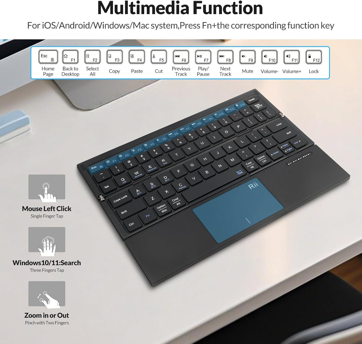 Rii Tri-Foldable Bluetooth Keyboard with Touchpad,Rechargeable RK811