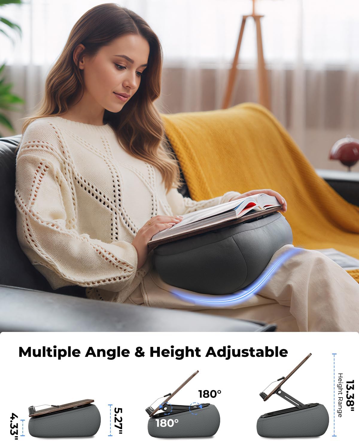 Viozon Lap Book Pillow Stand with Light, Adjustable Beanbag Reading Pillow with Storage, Multi-Angle Book Holder for Hands-Free Reading in Bed or Sofa,Book Lover Essential,Soft Cushion