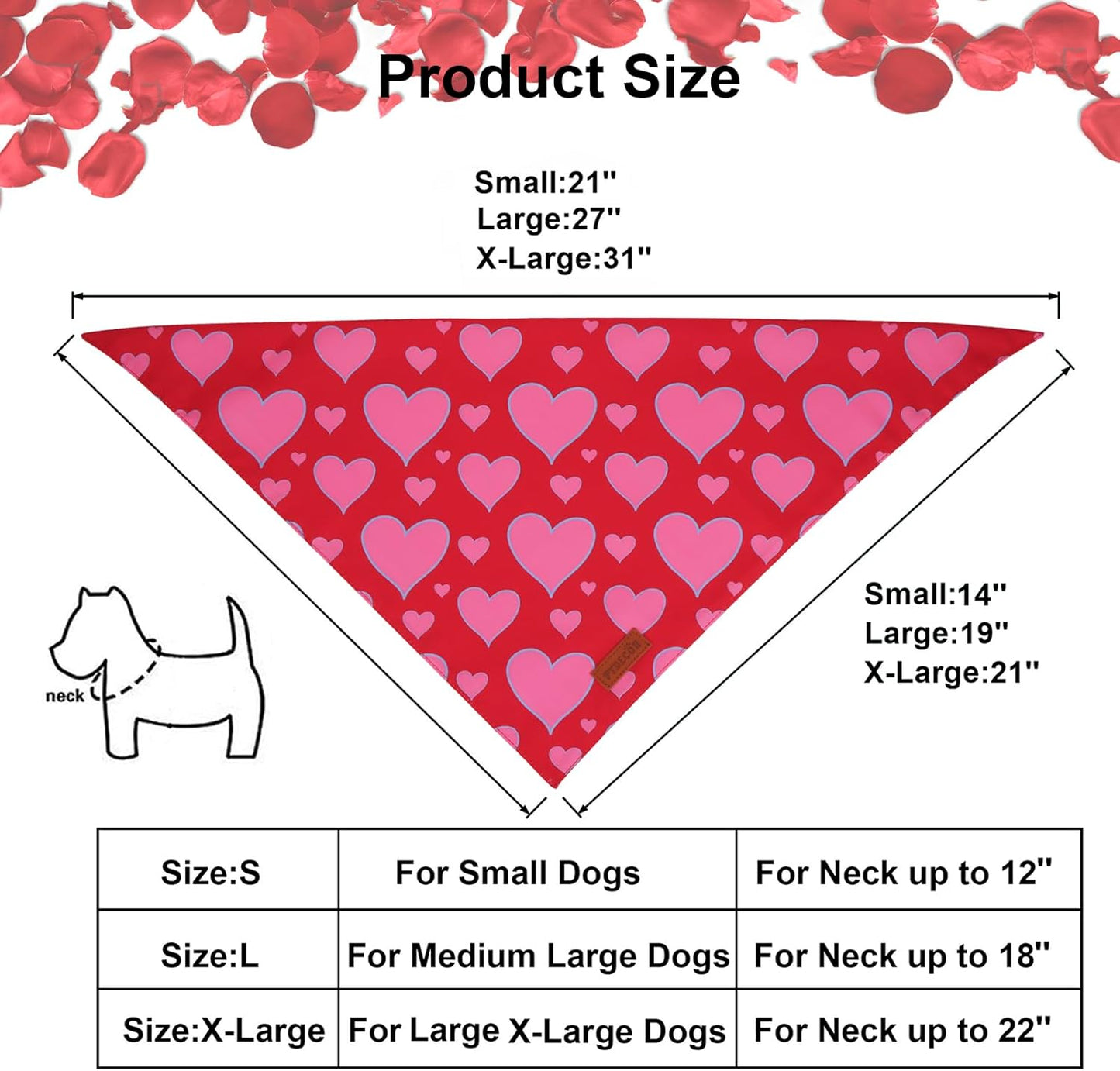 PTDECOR Valentine Dog Bandana, Reversible Valentine Pet Scarf, Multi Size, Red Heart Bandanas for Small Dogs (Small)
