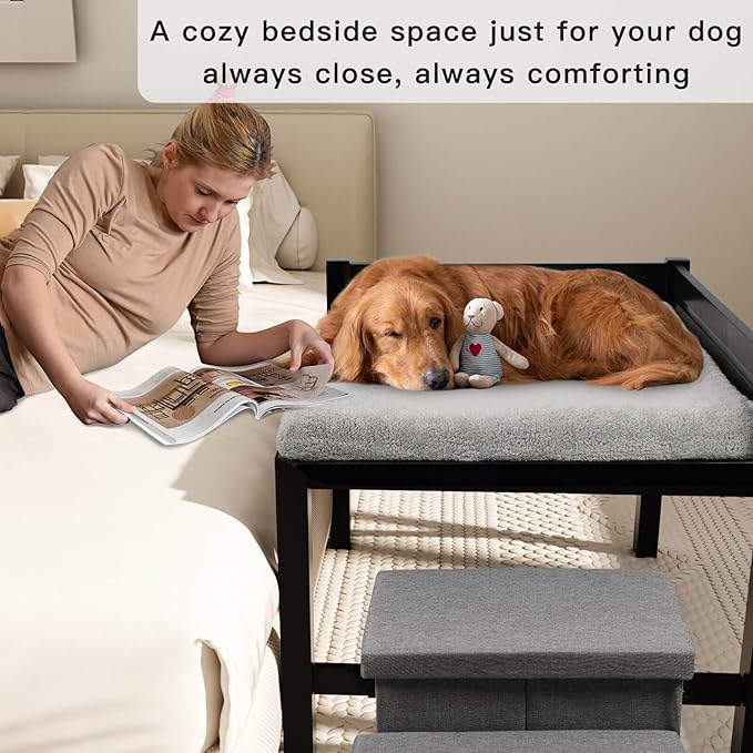 Bedside Dog Bed with Mattress - Raised Wooden Pet Cosleeper with Guardrail, Removable Mattress & 3-Step Foldable Stairs, Freestanding Bassinet-Style Elevated Dog Bed for Large Sized Dogs