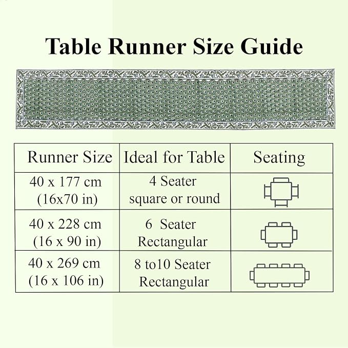 Basil Green Hand Block Print 100% Cotton Table Runner 16x70 Inch | Perfect