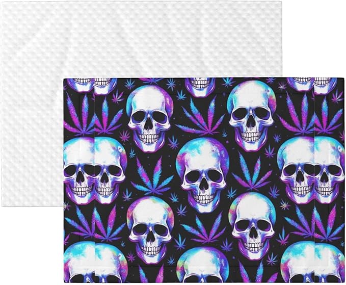 Double Sided Pet Bed Blanket for Added Cushion Warmth, Blue Weedleaf Trippy Skull Crossbones Black, Reversible Cover with Textured Dot Surface for Existing Beds Standalone Mat
