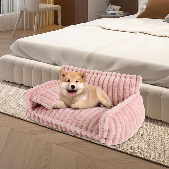Fluffy Pet Couch Bed with Removable Washable Cover, Soft Rabbit Plush Dog Cat Bed for Small Medium Pets, L Size Pink Couch with Non-Slip Bottom and Pillow (Pink)