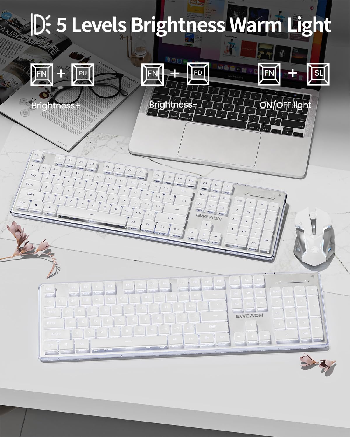 Wireless Keyboard and Mouse Combo with White Backlit, Rechargeable-White