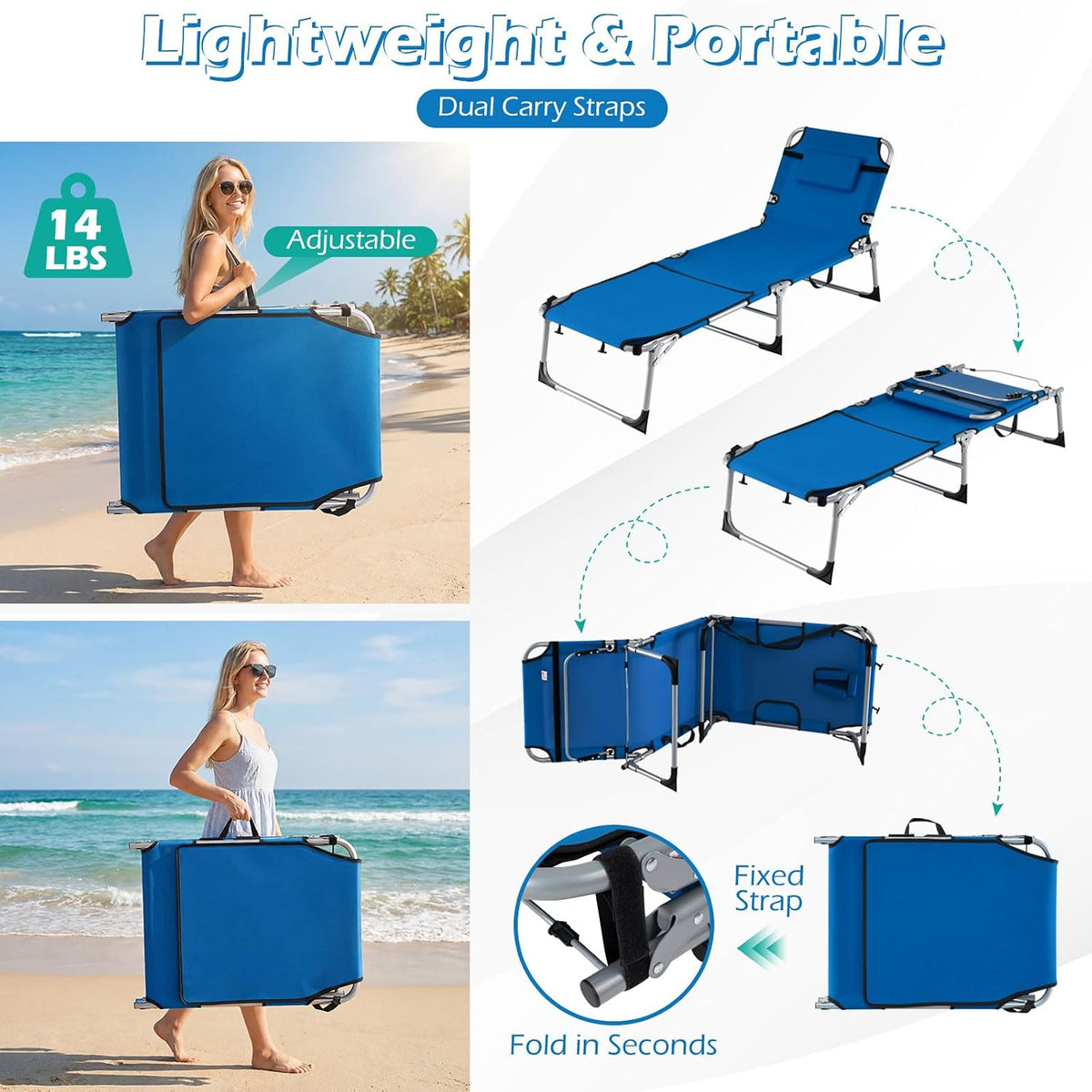 GYMAX Tanning Chair, 3 in 1 Sun Bathing Lounge Chairs with Face/Arm Holes & Side Pocket, Portable Lightweight Face Down Layout Tanning Chair for Outside, Beach, Backyard, Poolside (2, Blue)