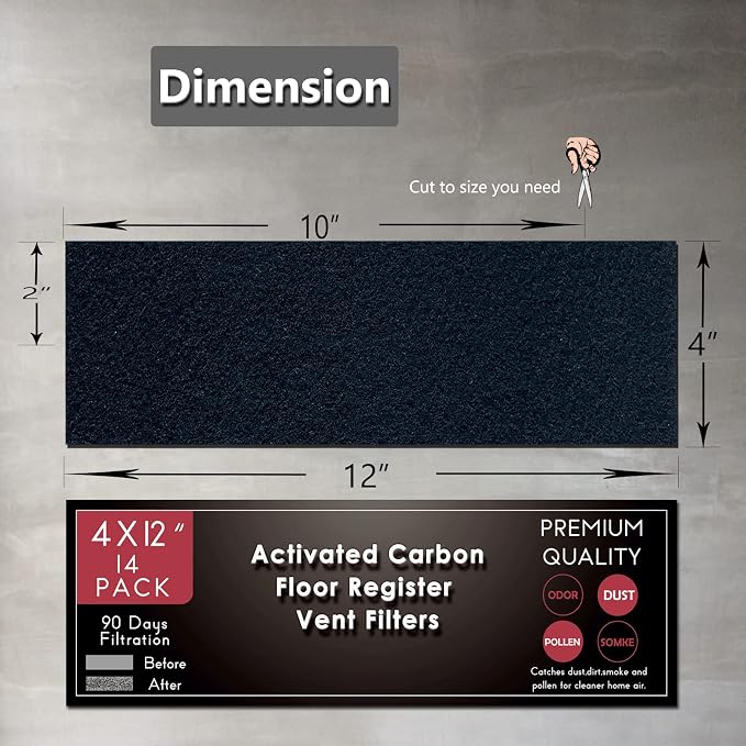 Carbon Filter 4" x 12" Activated Charcoal Air Vent Floor Heater Pre-Filter