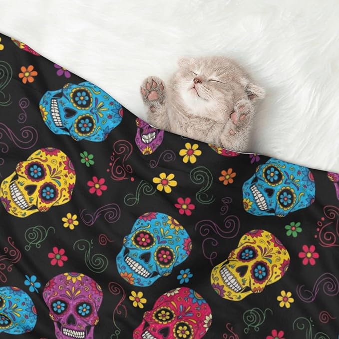 Reversible Pet Blanket for Easy Cleaning Maintenance, Sugar Skulls, Double Sided Plush Dot Design Means Double Use Between Washes for Convenience