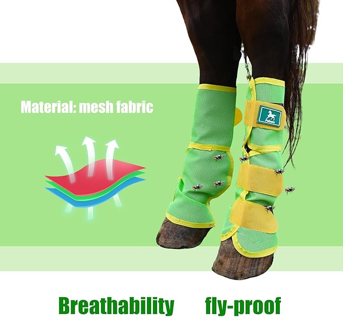 Fly Boots for Horses Set of 4 – Breathable Mesh Leg Protection for Summer with Ventilated Design & All-Day Comfort （Green，Large