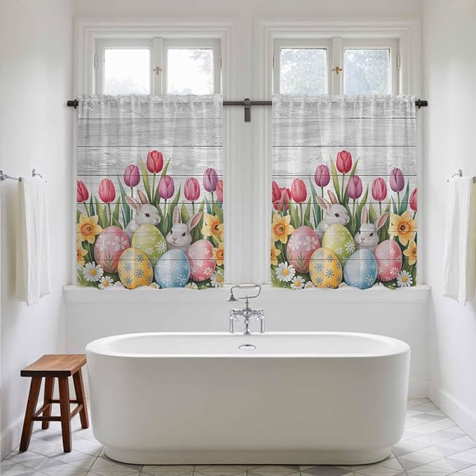 Easter Kitchen Tier Curtains 45 Inch Long 2 Panel Set, Rod Pocket Short Window