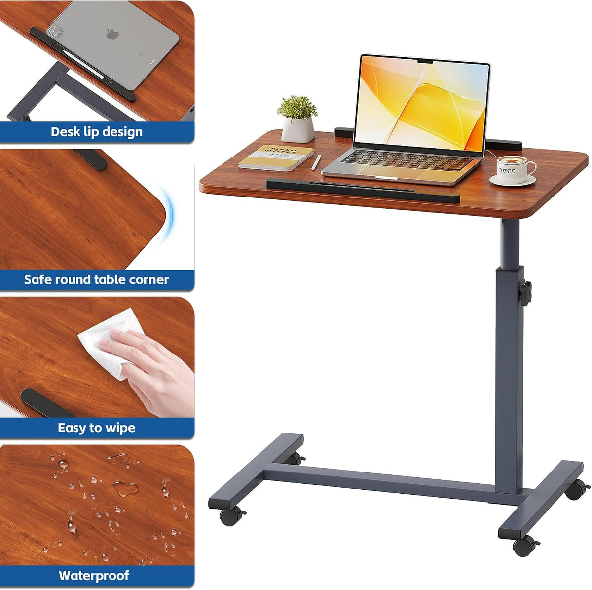Laptop Table Mobile Adjustable Height Portable Desk Notebook Swivel PC Computer Rolling Desk with Wheels, Laptop Stand for Couch Bedside Hospital Bed Table