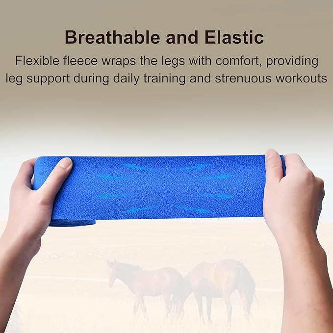 Horse Polo Leg Wraps, Fleece Wraps Elastic Bandages, Comfort Equestrian Standing Wraps, Set of 4, Boot Protection Stable Wraps Supplies (Full 10ft Blue)