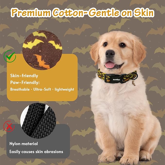 Fall Dog Collar, Halloween Dog Collars for Small Dogs, Cotton Puppy Collar with Bat Pattern, Pet Collar for Small Medium Large Dogs, Girl Boy Dogs Collar with Quick Release Buckle-S