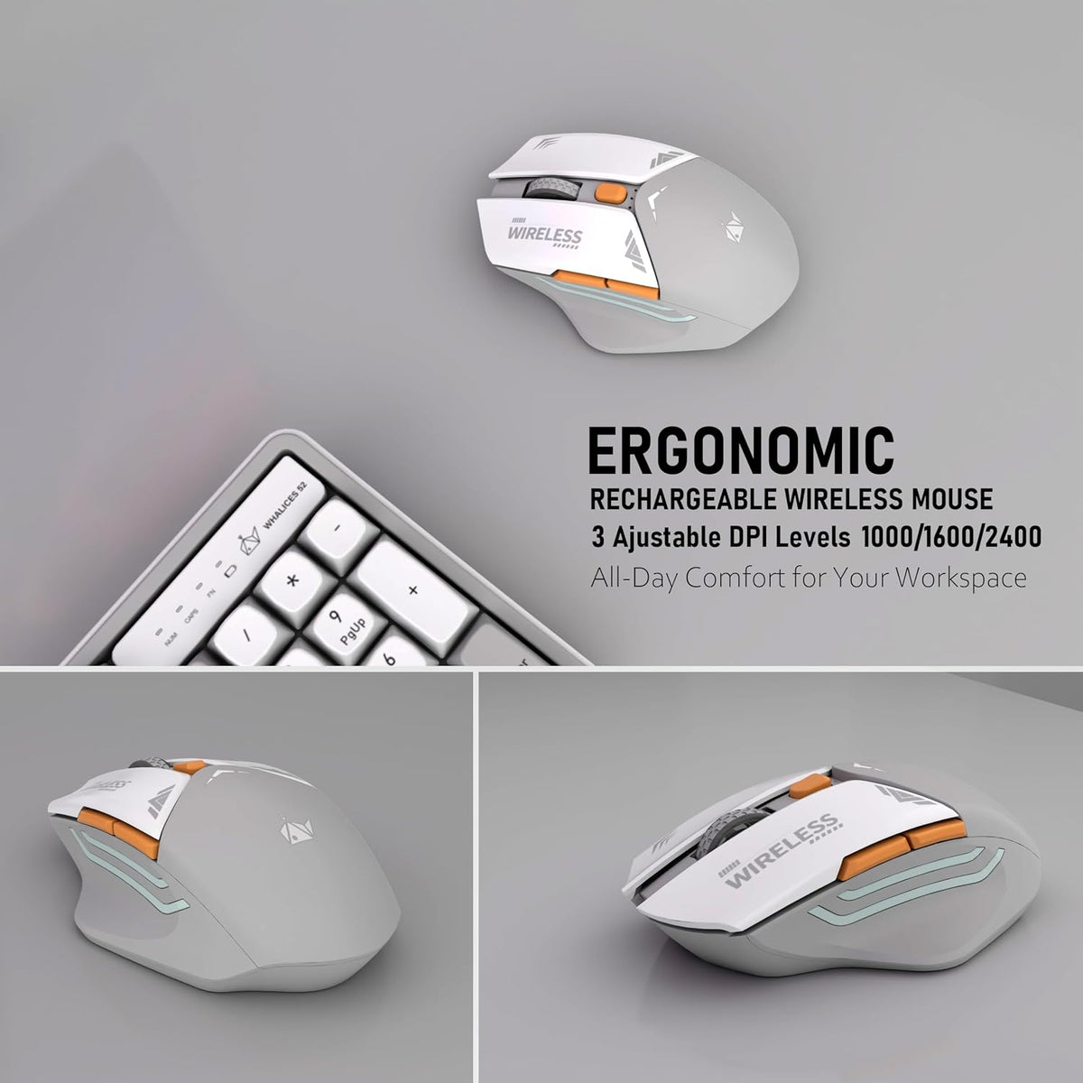 Rechargeable Wireless Keyboard and Mouse Combo, Full-Size - White-Gray