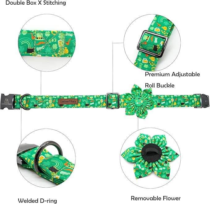 Lionheart glory St. Patrick's Day Dog Collar with Flower Dog Collar for Large Dogs, Green Collars Lucky Clover Shamrock Dog Collar Flower Pet Collar Bows Heavy Duty